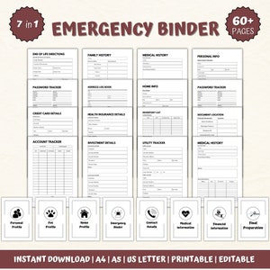 Emergency Binder Planner Fillable Printable PDF, Life Binder, What If Binder, Just In Case of Emergency Planner,Medical Binder Life Planner