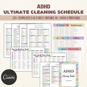 Editable ADHD Cleaning Checklist Bundle, ADHD Cleaning Planner, ADHD Chore Chart, Deep Cleaning Cards, Cleaning Schedule, Family Chore Chart