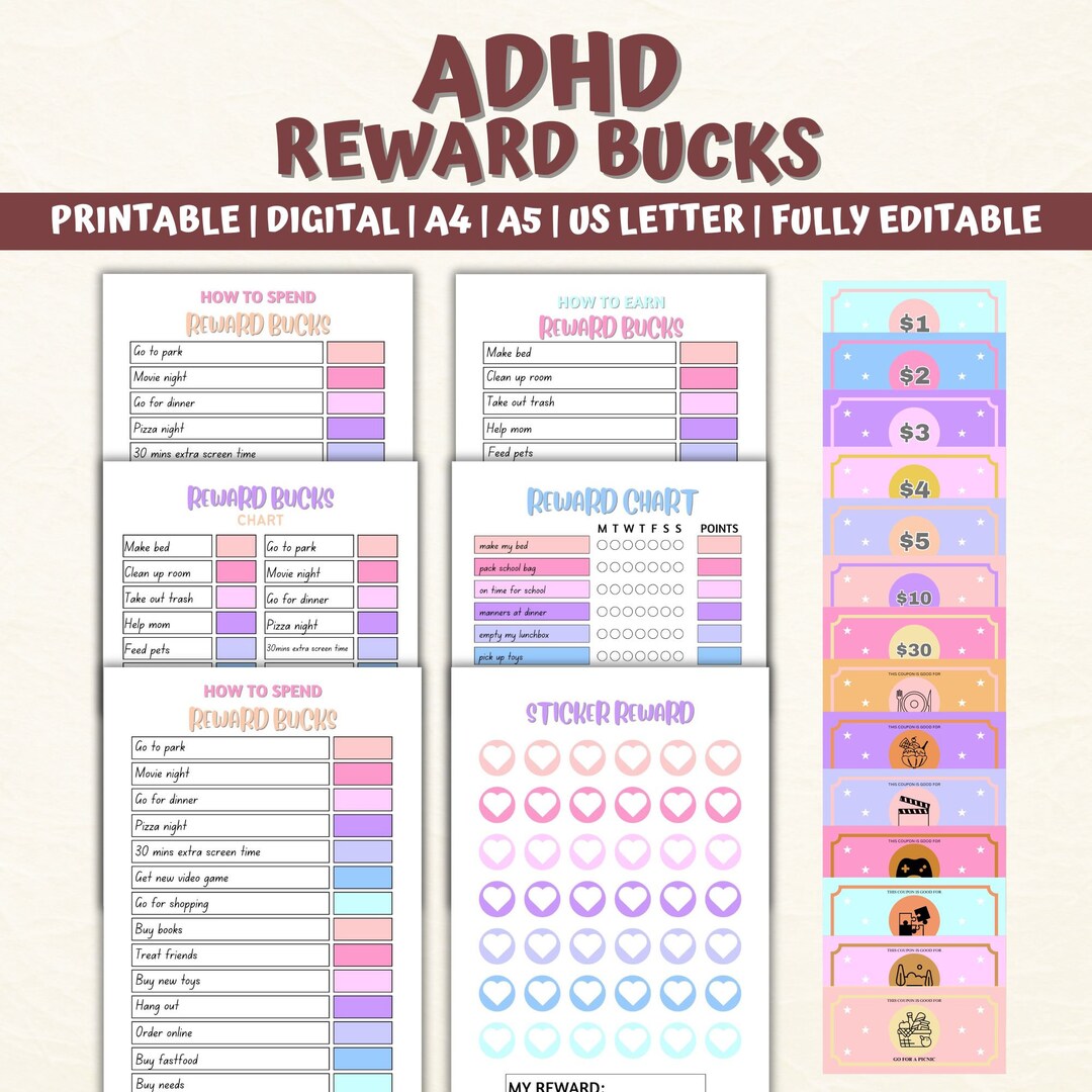 Editable Kids Reward Bucks & Chart, Printable Reward Coupons, Mom Bucks ...