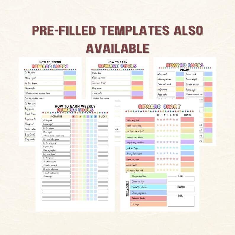 ADHD Reward Chart Kids Chore Chart, Rainbow Bucks (digital Download