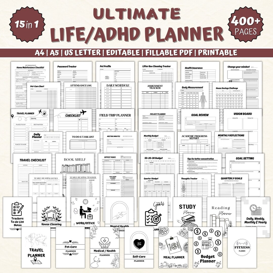 Mega Adhd Planner Bundle for Adults Printable A4,ultimate Life Planner ...
