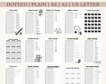 Yearly trackers bundle printable a5,Premade bullett journal pages 2024,Bujo template dotted grid pages,Bulet journal binder,Year at a glance