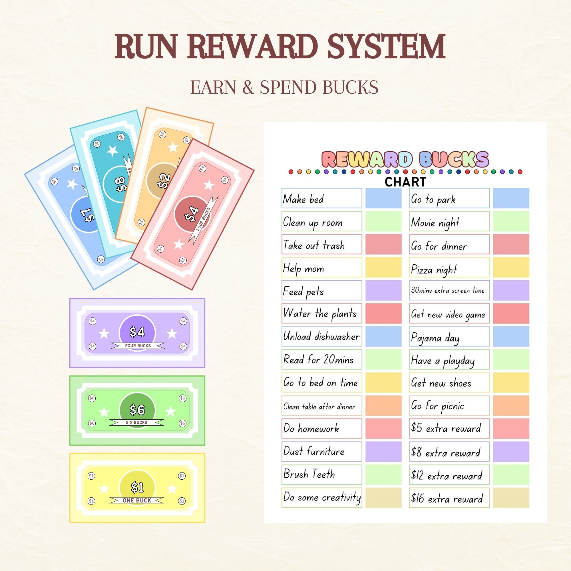 ADHD Reward Chart Kids Chore Chart, Rainbow Bucks (digital Download