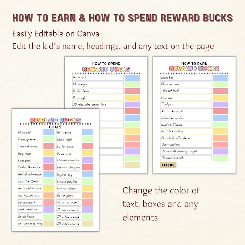 ADHD Reward Chart Kids Chore Chart, Rainbow Bucks (digital Download