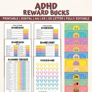 Bearbeitbares Kids Reward Bucks Chart, druckbare Incentive-Gutscheine für das Haushaltsverhalten, Mom Bucks System, Fun Reward System Tracker mit Spielgeld