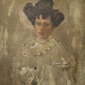 May include: A painting of a woman wearing a white dress and a dark hat. The woman is looking directly at the viewer. The painting is done in a loose, impressionistic style.