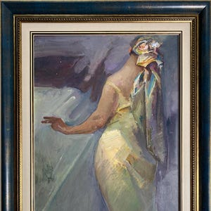 Vasyanovich V., Pintura impressionista brilhante "Dama Misteriosa" pintura a óleo vintage original, artista ucraniano soviético, única, moldura