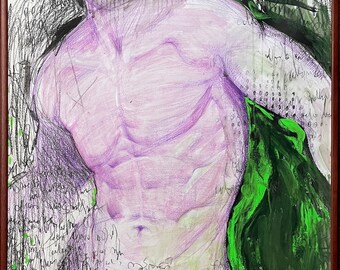 May include: A mixed media artwork featuring a nude male torso drawn in purple and pink pencil. The background is a collage of black and green lines and scribbles. The artist's name, "Margarita Balabina", is written in green at the top of the artwork.
