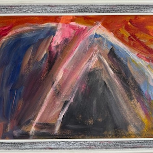 Pintura a óleo cubismo vívida "Montanhas e Mar", pintura a óleo vintage original artista ucraniano soviético de Odessa, emoldurado