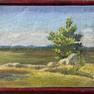 Könnte beinhalten: Ein Gemälde einer Landschaft mit einem einzelnen grünen Baum im Vordergrund. Der Baum wächst aus einem großen Felsen. Der Hintergrund ist ein Feld mit einer entfernten Bergkette. Der Himmel ist blau mit weißen Wolken.
