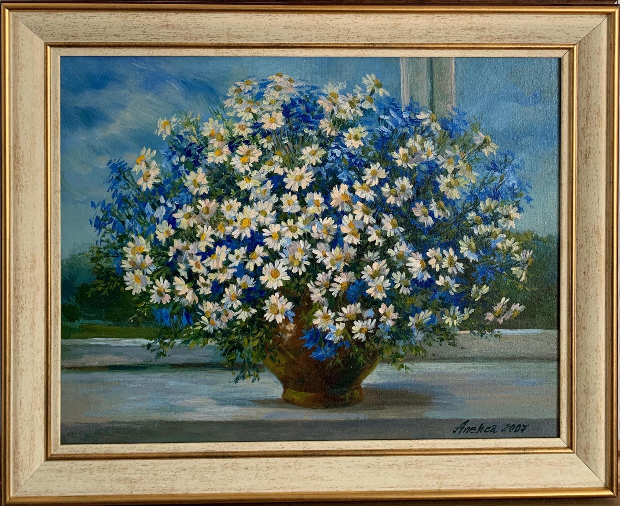 アレクサ、明るい印象派の絵画「ヒナギクのある花束」は、ウクライナの