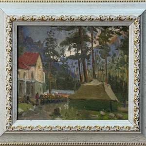 Pintura a óleo expressionista brilhante "Acampamento de verão dos escoteiros nos Cárpatos", pintura vintage original do artista ucraniano soviético - Gribok D.