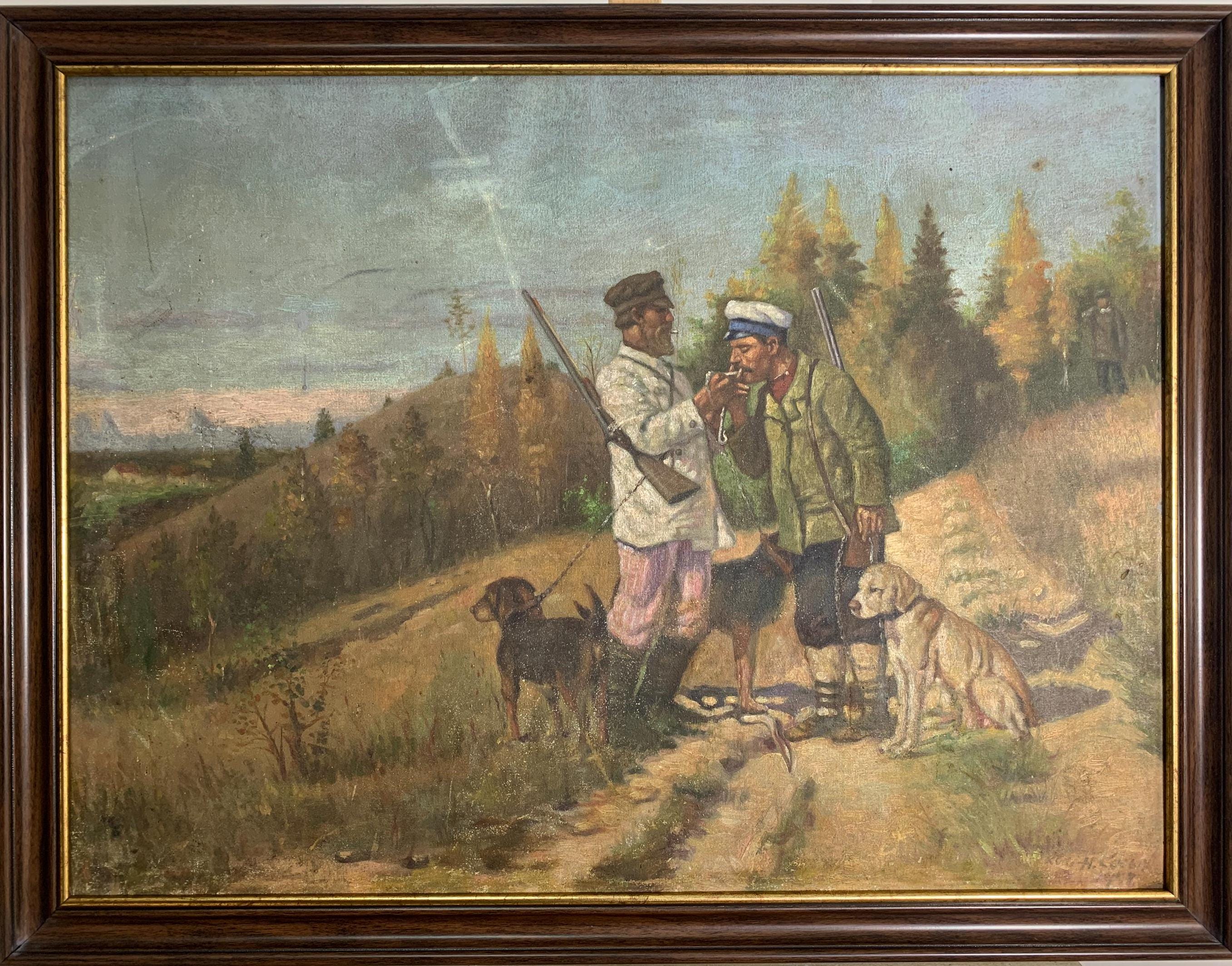 Vintage Autumn Hunting Oil Painting, Russian Soviet Impressionism