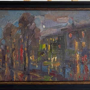 Pavel Dobrev, Bright impressionistic oil painting &quot;From the Night City series&quot; original vintage oil painting, Ukrainian Zaporozhye artist