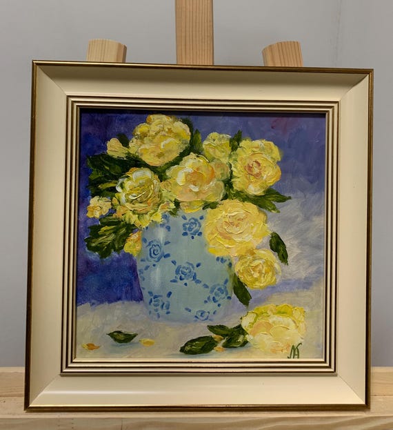 明るい表現主義の油絵「黄色いバラの花束」ソビエトウクライナの