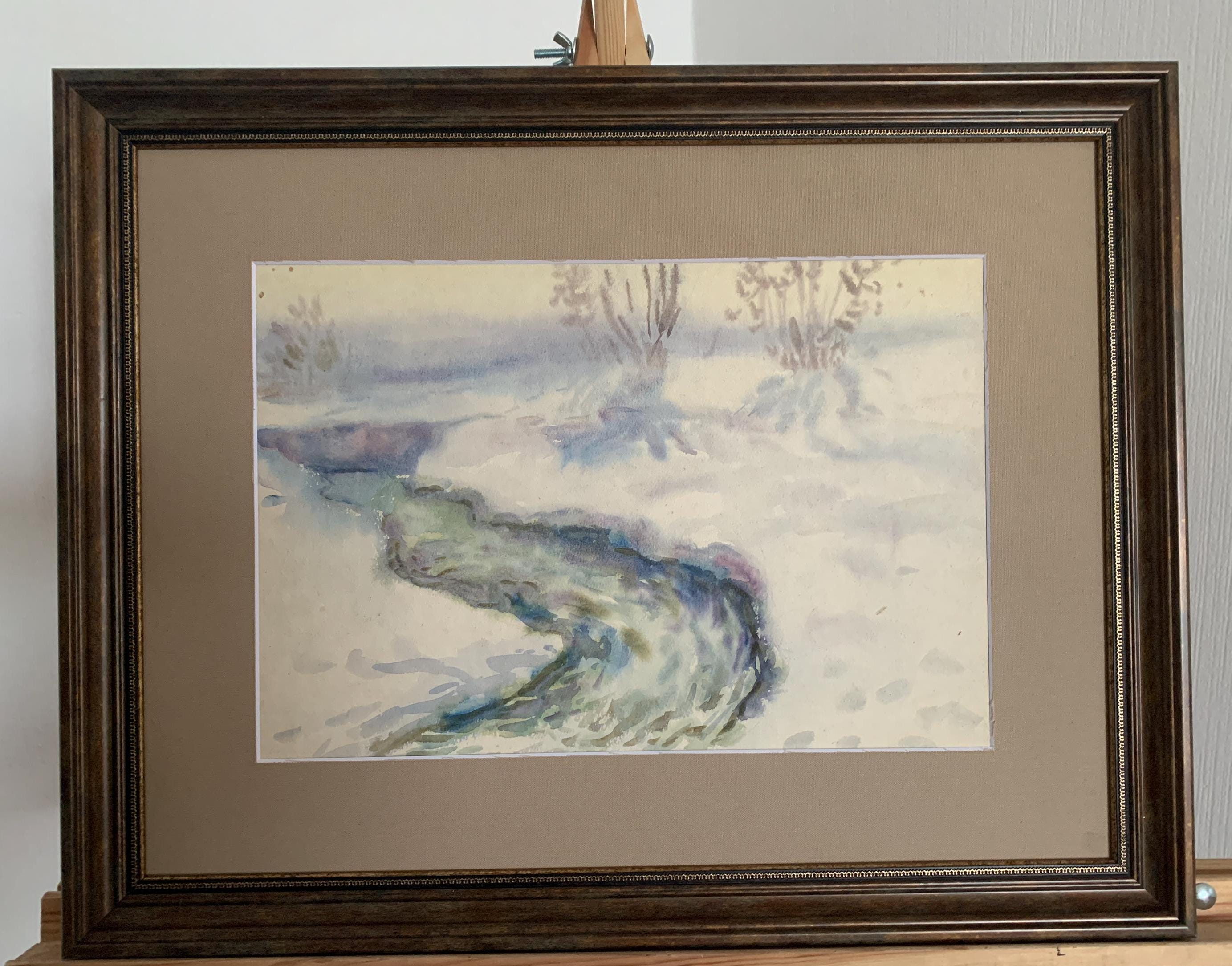 ヴィンテージのウクライナ水彩画「春の小川」、額装済み表現主義アート