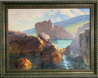 Khmelnitsky A., levendig expressionistisch olieverfschilderij "Golden Stones of the Sea", origineel vintage werk van de Sovjet-Oekraïense kunstenaar