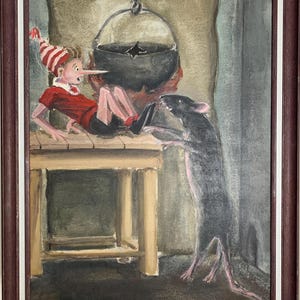 Bogolyubov S., Pintura vanguardista de cuento de hadas al óleo brillante "Llave de oro", pintura al óleo original del artista ucraniano, única en su tipo, en un marco elegante.