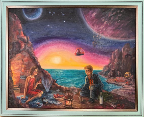 作者のシュールレアリズム絵画「宇宙の朝食」オリジナルの油絵