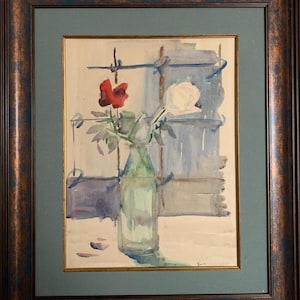 Dipinto espressionista luminoso "La vita dietro le sbarre d'acciaio", acquerello originale d'epoca dell'artista sovietico ucraino, cornice, passe-partout