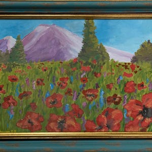 Leshchenko, pintura expressionista brilhante "Campo de papoulas", pintura a óleo vintage original do artista ucraniano soviético, única, emoldurada