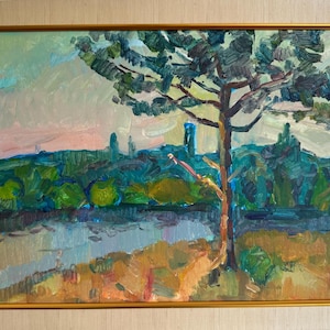 Pavel Dobrev, Bright impressionistic oil painting &quot;Slopes of the Dnieper&quot; original vintage oil painting, Ukrainian Zaporozhye artist, framed