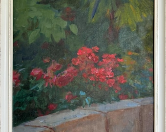 Vintage Framed Oil Painting, Red Flowers, Ukrainian Expressionist Art