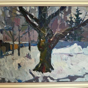 Pavel Dobrev, Bright impressionistic oil painting &quot;Winter in Zaporozhye&quot; original vintage oil painting, Ukrainian Zaporozhye artist, framed