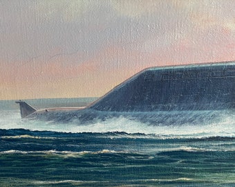 ヴィンテージ潜水艦油絵、印象派海景画、ロシア人画家ユーディン