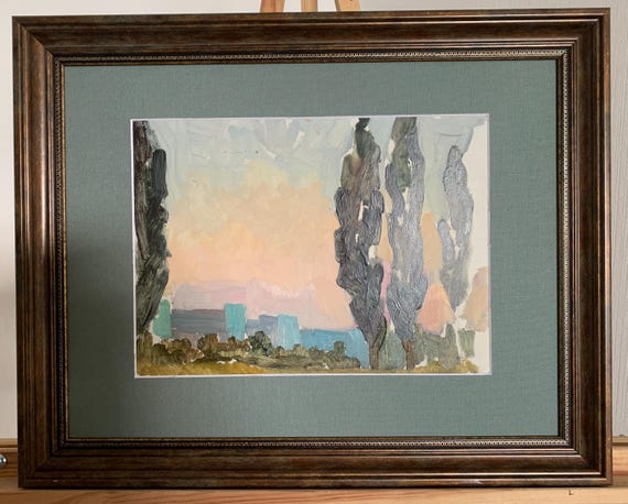 スコルルピン、明るい印象派の油絵「エチュード - 街路のポプラ