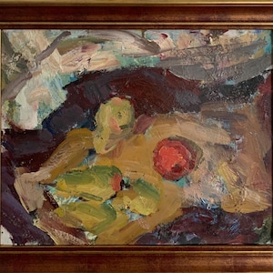 Brillante pintura al óleo impresionista "La tentación de Eva", pintura al óleo vintage original del artista ucraniano soviético, en un marco elegante