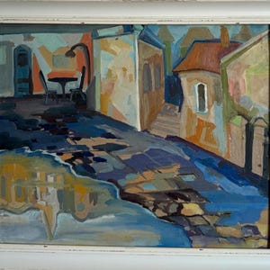 Pintura a óleo brilhante no estilo vanguardista "Old Lviv", pintura a óleo vintage original, artista ucraniano soviético de Lviv, em moldura