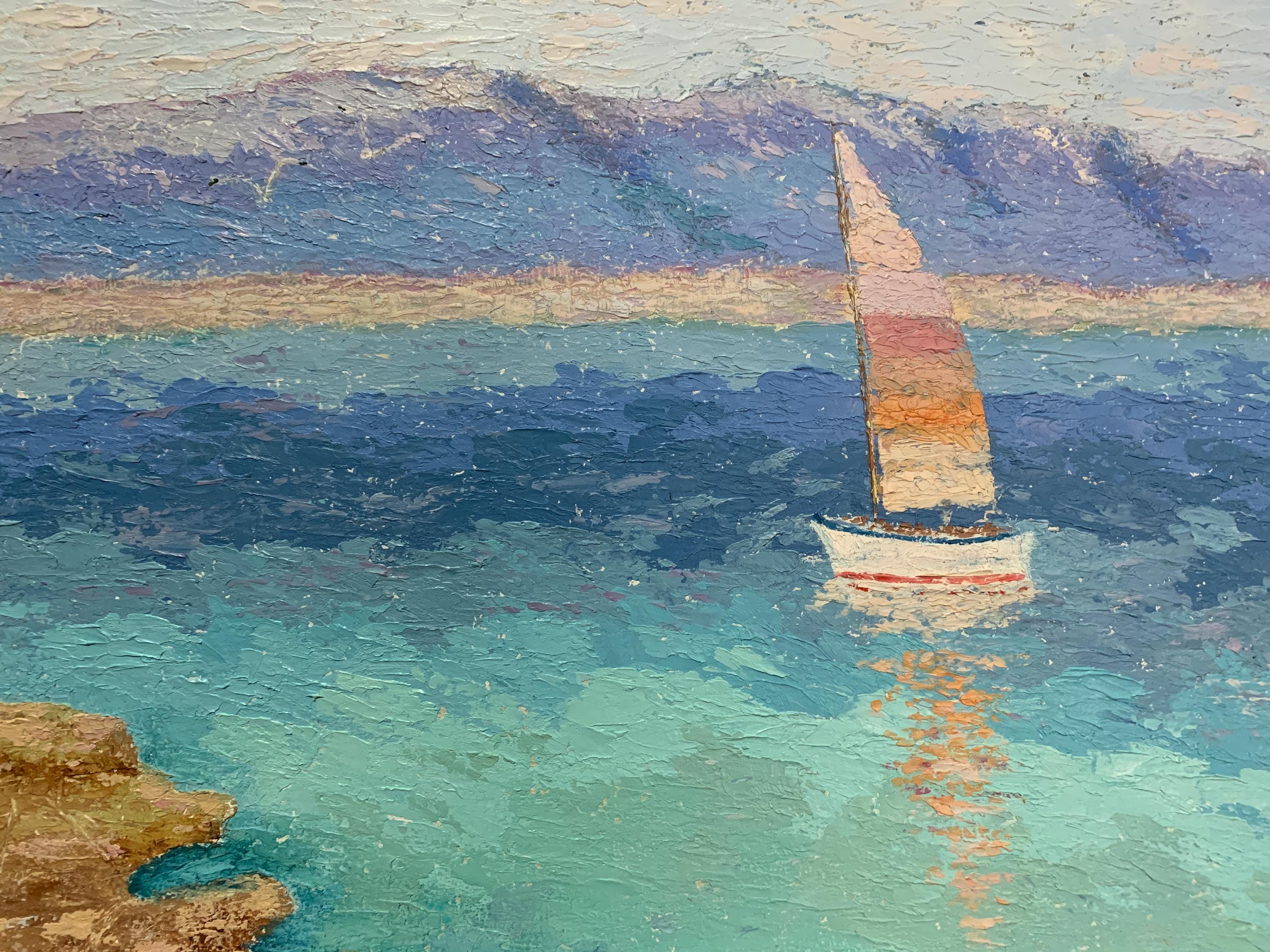 ヴィンテージの海景油絵、帆船、額装済み沿岸アート（43 x 33 cm