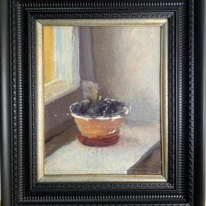 Vasyanovich V, pintura impressionista brilhante "Um pote com terra nativa" pintura a óleo vintage original, artista ucraniano soviético, única