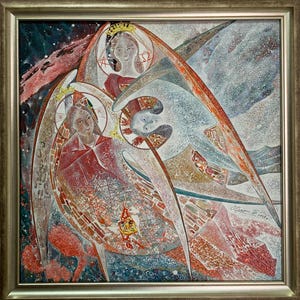 Pintura a óleo expressionista brilhante "Início feminino. Três irmãs" pintura a óleo original do artista ucraniano soviético, emoldurada, única