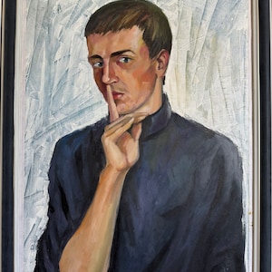 Vinokur, bright impressionist oil painting &quot;Shy Youth and His Secret&quot; original vintage oil painting, modern Ukrainian artist, framed