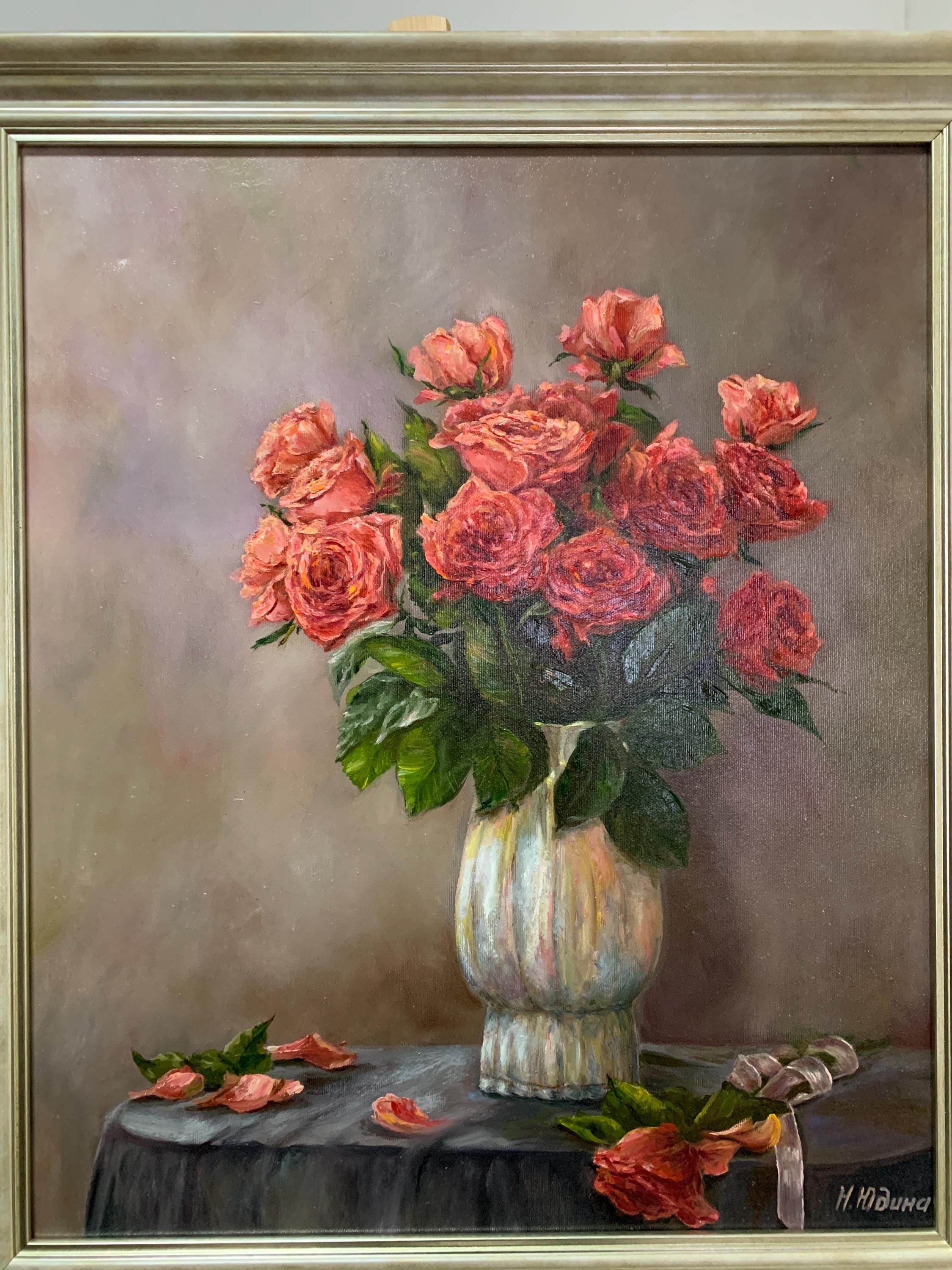 Red Roses Oil Painting, Vintage Impressionism Floral Art by Yudina