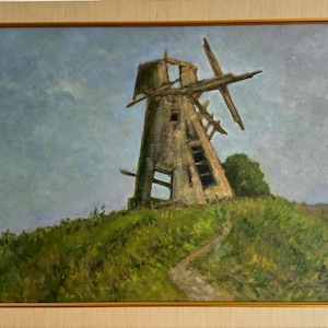 May include: A weathered wooden windmill stands on a grassy hill, its blades broken and missing. The sky is a muted blue with wispy clouds. The scene is painted in a realistic style.