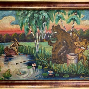 Author's Bright children's fairy tale painting "Fairytale plot" original vintage oil painting, Soviet Ukrainian artist, one of a kind