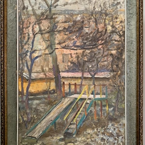 Leonid Bondar, pintura al óleo expresionista vívida "Patio de juegos para niños", pintura al óleo vintage original del artista ucraniano soviético, enmarcada