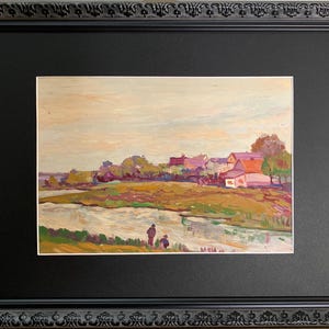 Makarchuk Ada, brillante pintura expresionista "Tarde de verano", pintura gouache vintage original del artista ucraniano soviético, marco único.