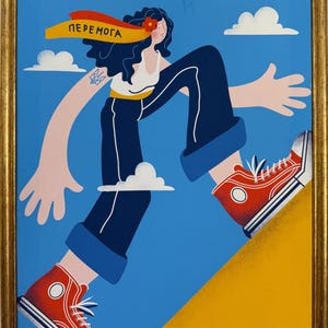 Melnik Marina, Bright painting in the style of Cubism &quot;Already Running. Victory&quot; original oil painting, Ukrainian artist, one of a kind