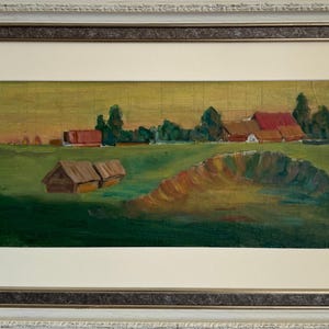 Pintura a óleo expressionista brilhante "Summer Village" pintura a óleo vintage original artista ucraniano soviético, em moldura com passe-partout