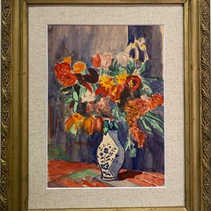 Dipinto luminoso dell'autore "Bouquet sovietico con tulipani", acquerello originale d'epoca, artista ucraino sovietico, pezzo unico, in cornice
