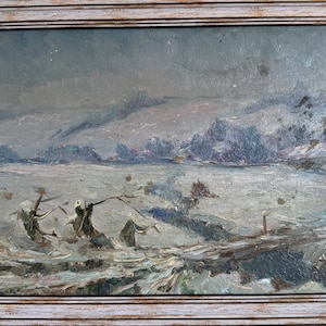 Bernadsky V., Pintura al óleo impresionista brillante "Puente de madera rural cubierto de nieve", pintura vintage original de un artista ucraniano soviético