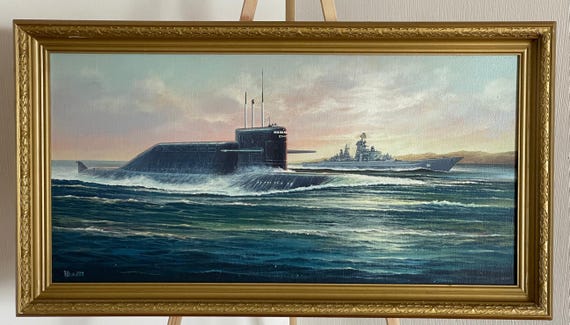 ロシア画家　海 ヴィンテージ潜水艦油絵、印象派海景画、ロシア人画家ユーディン