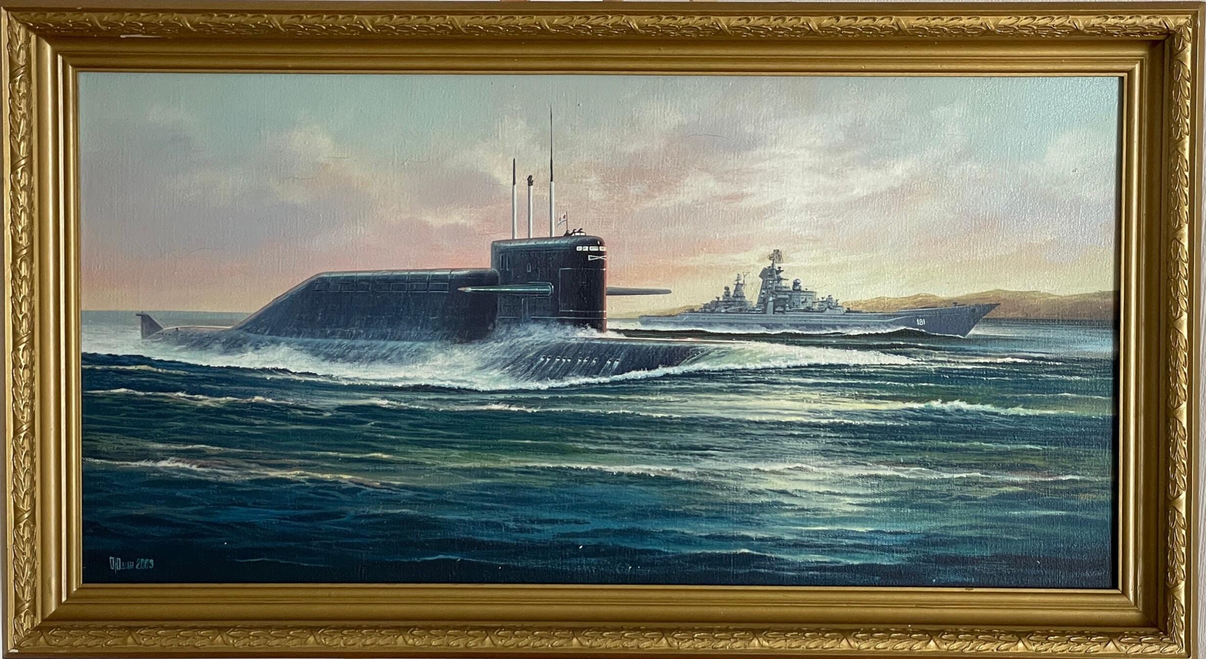 ヴィンテージ潜水艦油絵、印象派海景画、ロシア人画家ユーディン