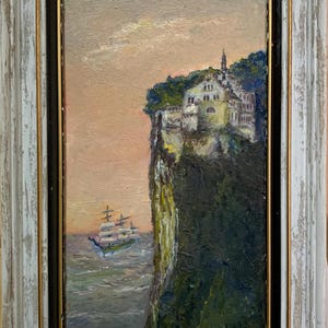 Pintura a óleo impressionista brilhante "Romance do Mar" pintura a óleo vintage original artista ucraniano soviético em moldura elegante, única