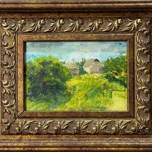 Pintura impresionista brillante "Día de verano en casa de la abuela en el pueblo" pintura al óleo vintage original artista ucraniano soviético, enmarcado