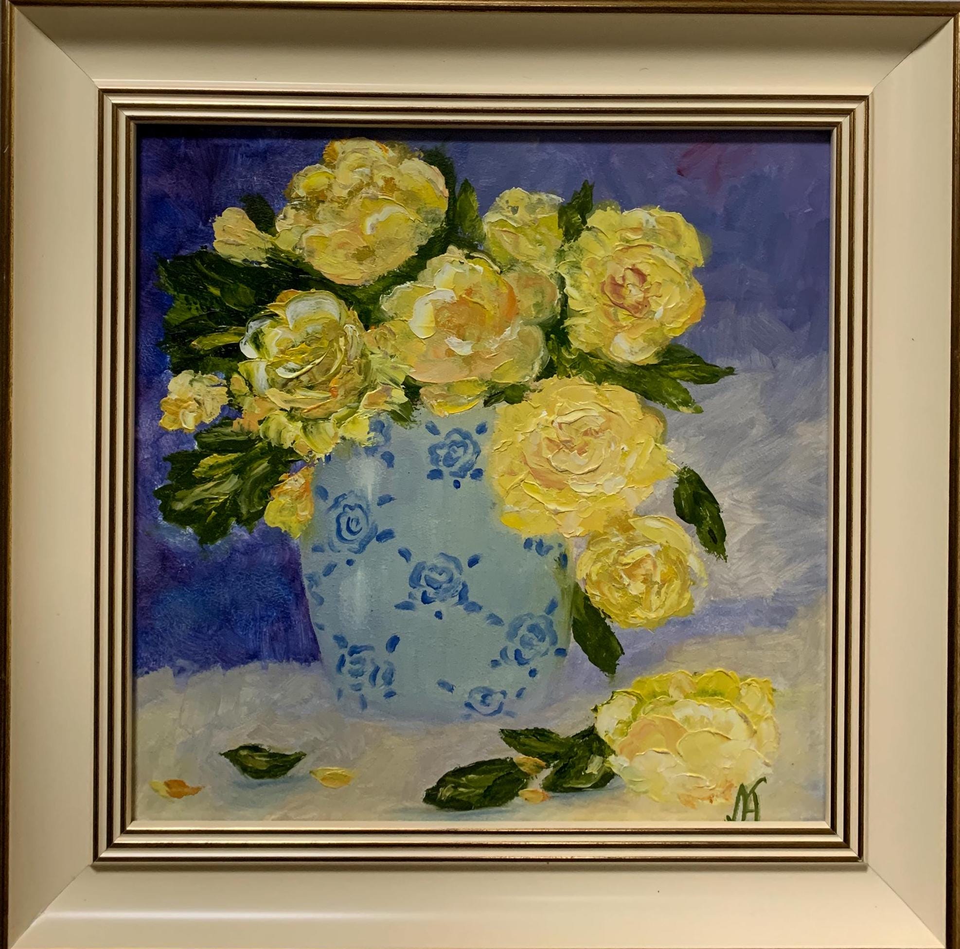 明るい表現主義の油絵「黄色いバラの花束」ソビエトウクライナの